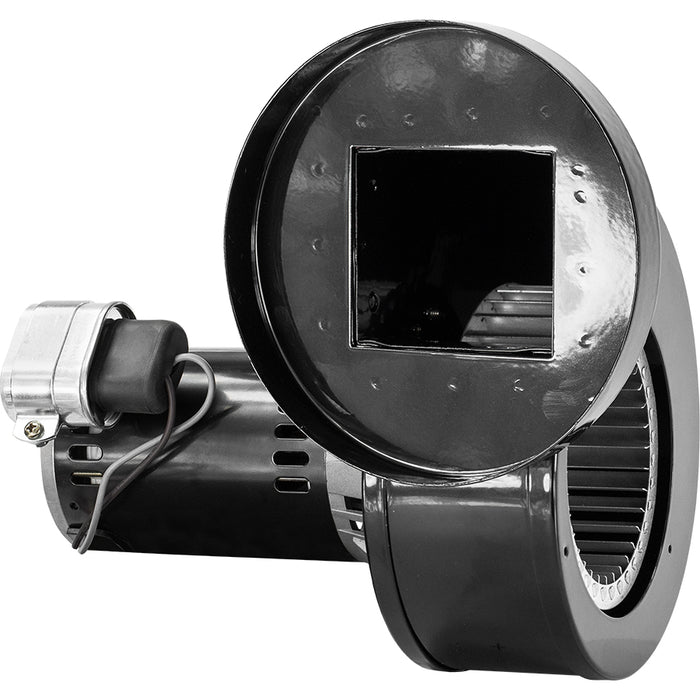 An HVAC blower assembly, featuring a motor and a fan with ball end bearings, primarily in black color.